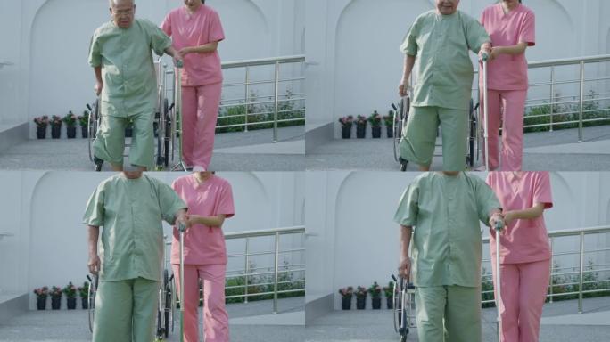 老年男子全膝关节置换术，老年男子手术后试图走路，不健康的老年男子膝盖问题用手杖走路
