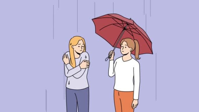 有爱心的女人与可怜的女孩共用雨伞