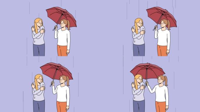 有爱心的女人与可怜的女孩共用雨伞