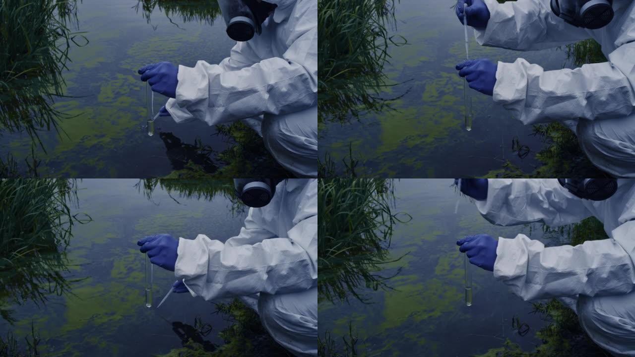 科学家穿着安全制服，对污染河流中的水进行采样以进行分析。双手合十