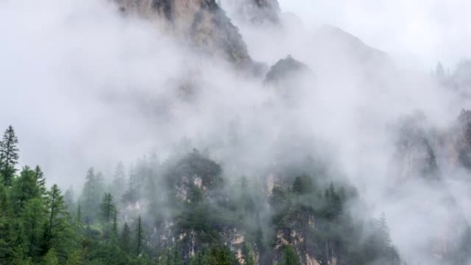 延时的日落场景，云朵在意大利白云岩的杉树上移动。