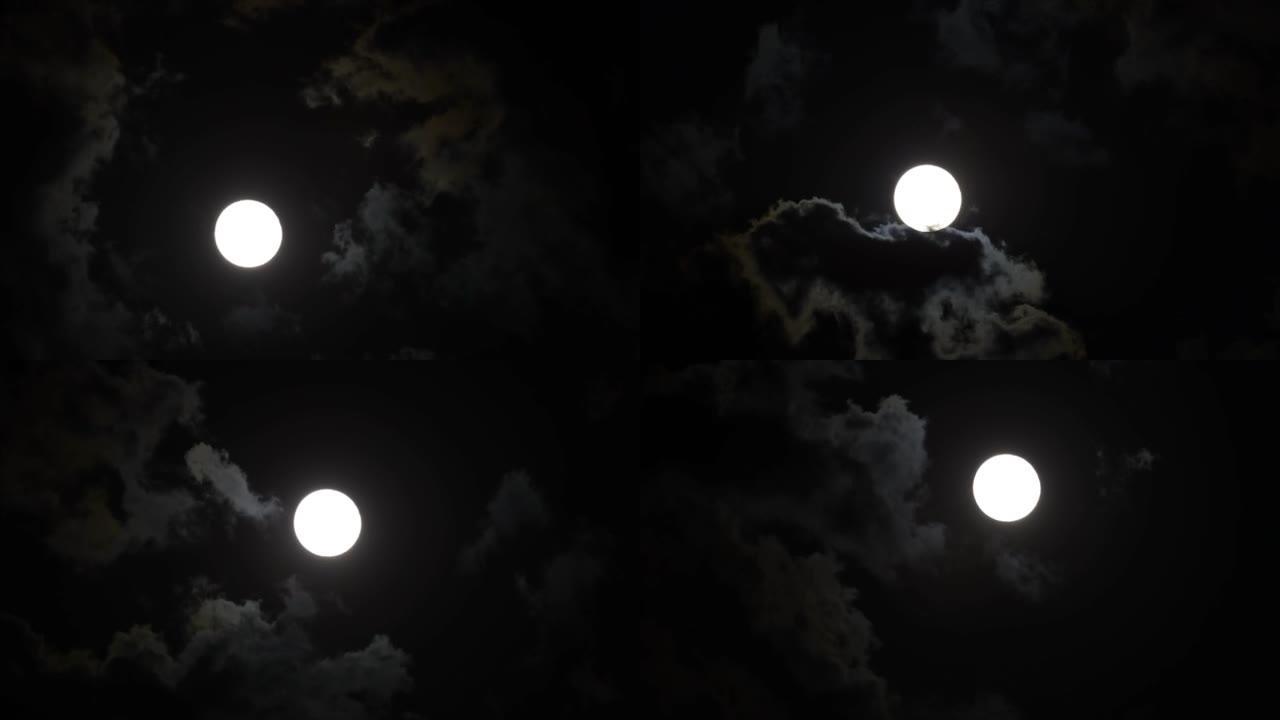 半月形在黑色黑暗的夜空中移动的时间流逝。