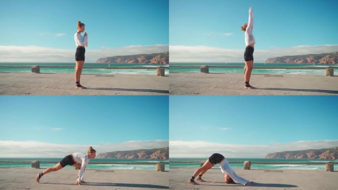瑜伽在背景上练习海景