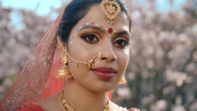 印度女孩wuth棕色眼睛的肖像，脸上戴着金色珠宝