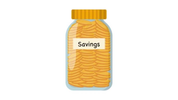 玻璃罐中硬币增减的图形2d动画。存钱在罐子里。金融和经济概念。阿尔法通道 (透明背景)