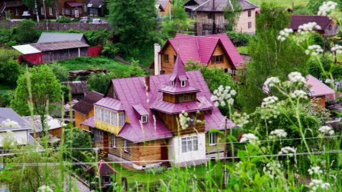 喀尔巴阡山脉的村庄。红瓦的传统木屋。喀尔巴阡山脉景观。乌克兰