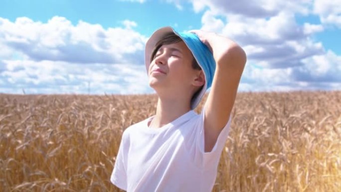 一个十几岁的男孩在麦田里看着天空的肖像，夏天阳光明媚的天气，移动的相机