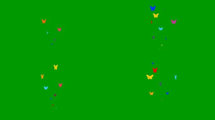 动画五颜六色的蝴蝶从下往上飞。飞蝶的喷泉。夏天的概念。矢量插图孤立在绿色背景上。