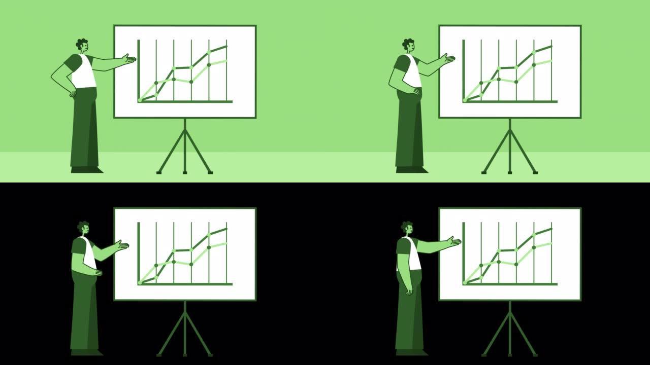 绿色风格的男人扁平人物在绘图板上展示了增长图表。带有Alpha通道的孤立循环动画