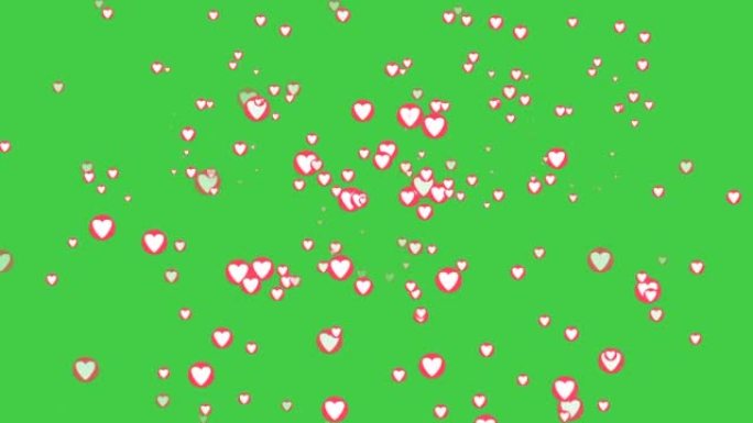 社交媒体直播风格的绿色屏幕上的动画心脏。喷泉效应，爆破心。