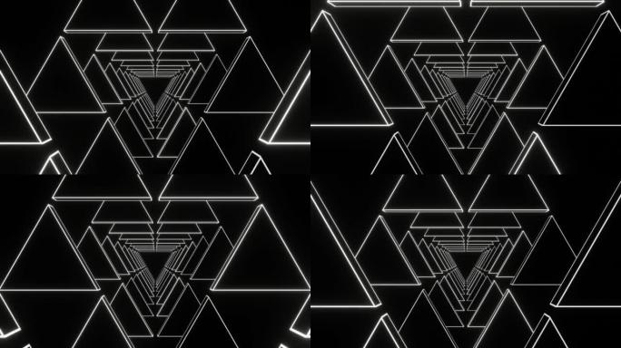 黑暗背景上的白色led霓虹灯三角形隧道无缝动画