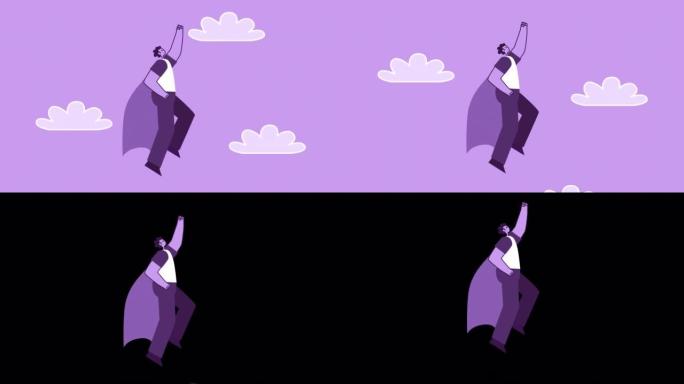 紫色风格的男人扁平角色超级英雄飞出智能手机。带有Alpha通道的孤立动画