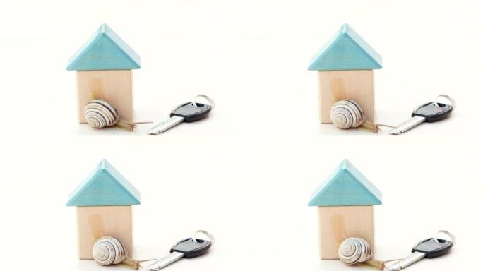 蜗牛从木制立方体和戒指上的公寓钥匙在房子上滑动