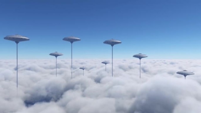 云层上方未来城市的航拍。科幻小镇的前视图