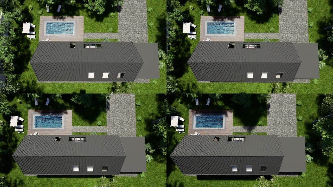 现代住宅谷仓式。3D动画。