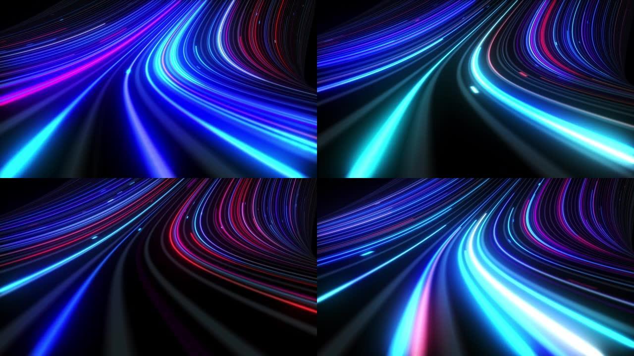 彩色抽象霓虹灯背景空间和时间串，高速公路夜灯。紫外线，发光线，虚拟现实，光速。