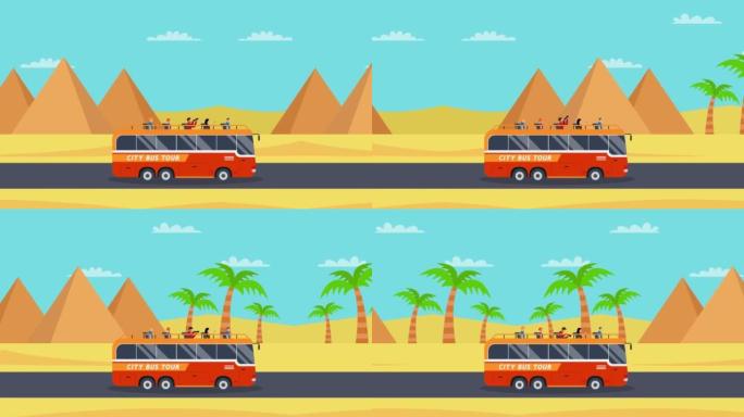 具有金字塔背景的城市巴士之旅