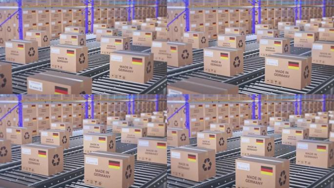 德国制造的传送带上贴有标签的盒子。包装的德国商品可循环动画。德国出口股票视频。