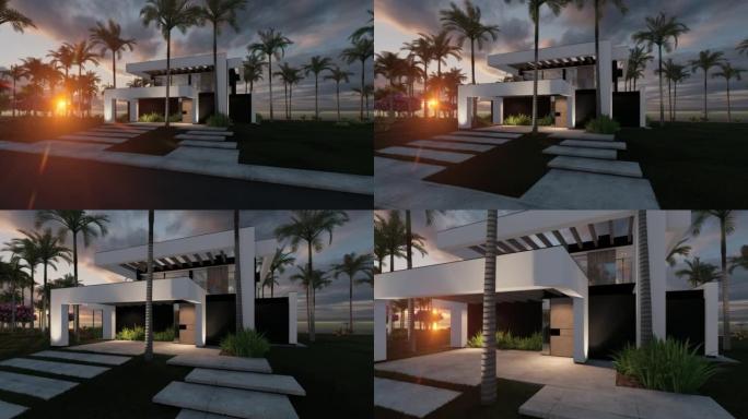 日落时海边或海边豪华风格现代住宅的4k视频