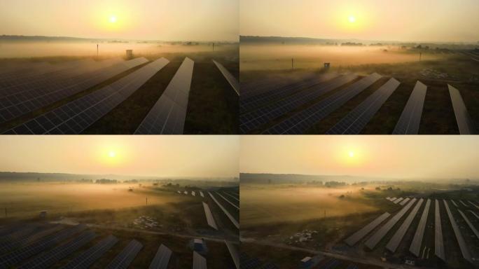 大型可持续发电厂的鸟瞰图，带有成排的太阳能光伏板，用于在晚上产生清洁的电能。零排放可再生电力的概念