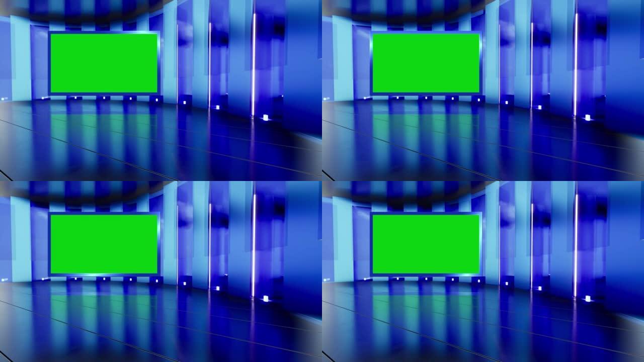 3D虚拟新闻工作室绿屏背景。3d渲染