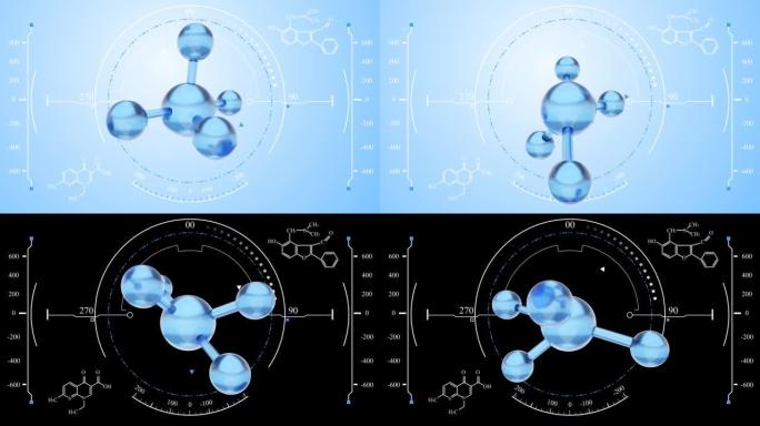3D动画分子宏原子细胞精华液乳霜，胶原蛋白透明水晶精华液和维生素护肤，清晰的背景。
