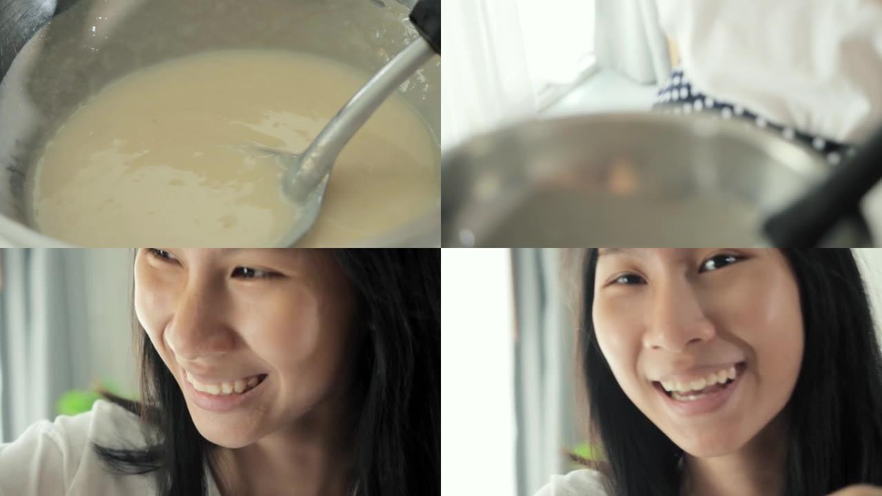 亚洲女孩在家智能手机制作视频处理自制冰淇淋，生活方式理念。