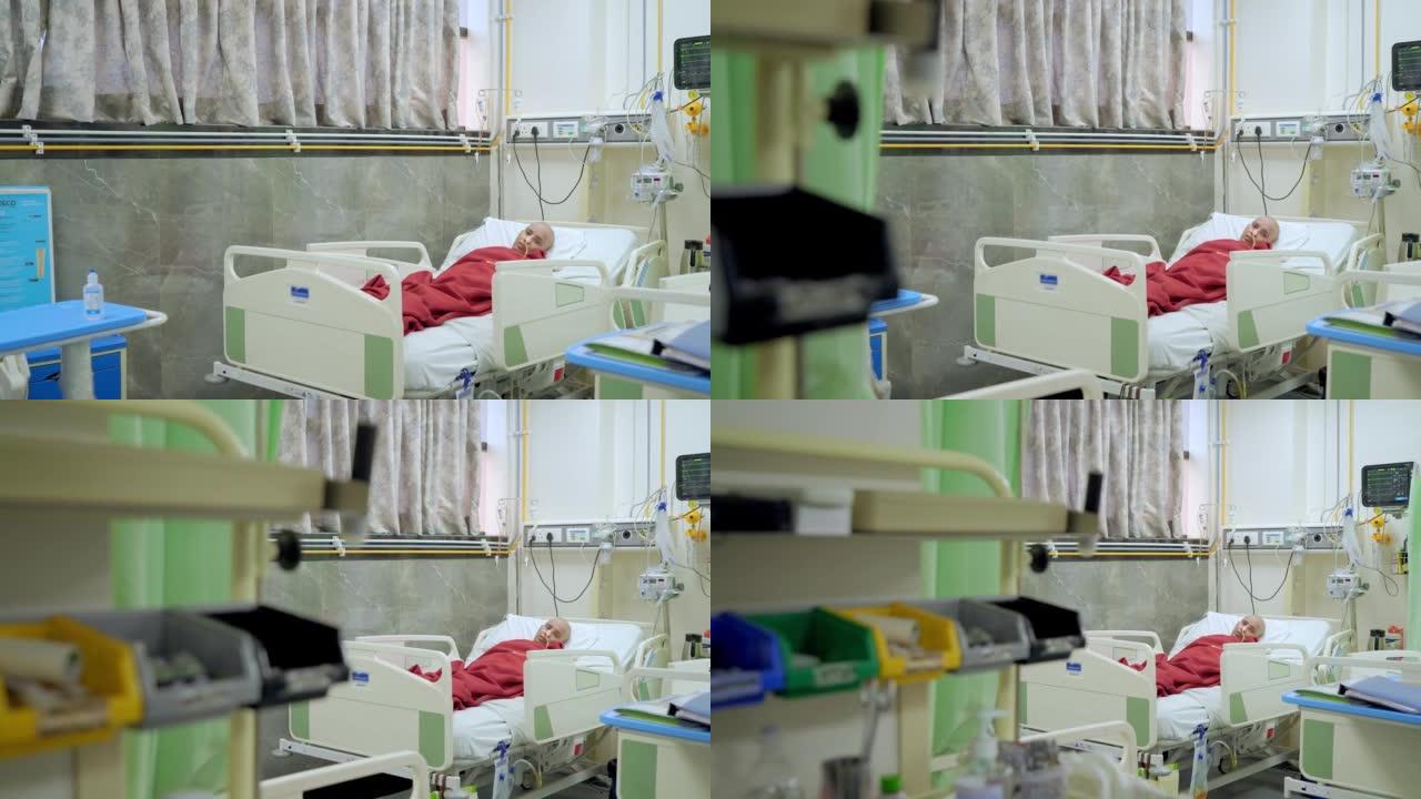在医院重症监护室躺在床上休息的女性或女性癌症患者。