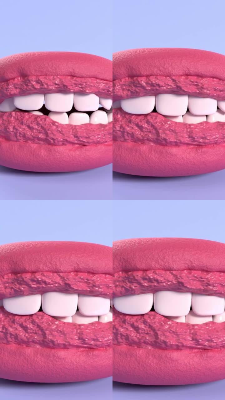 嘴唇形状的垂直红色马卡龙在4k分辨率的紫色背景下以吸引人的方式咬住自己
