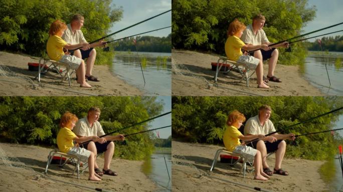 慈爱的父亲和可爱的小儿子在河上抓鱼