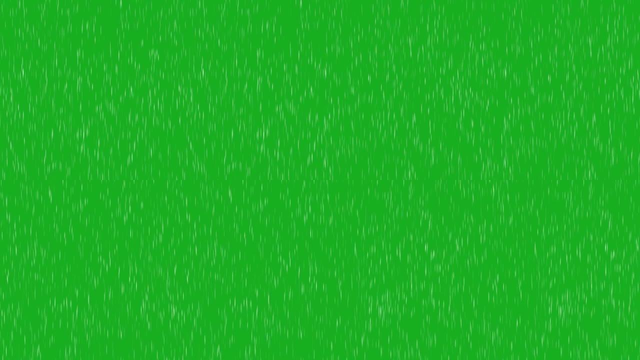绿色背景的逼真的3d雨落效果。雨落在绿屏上，雨滴落在绿屏背景上，雨滴落下的循环动画背景