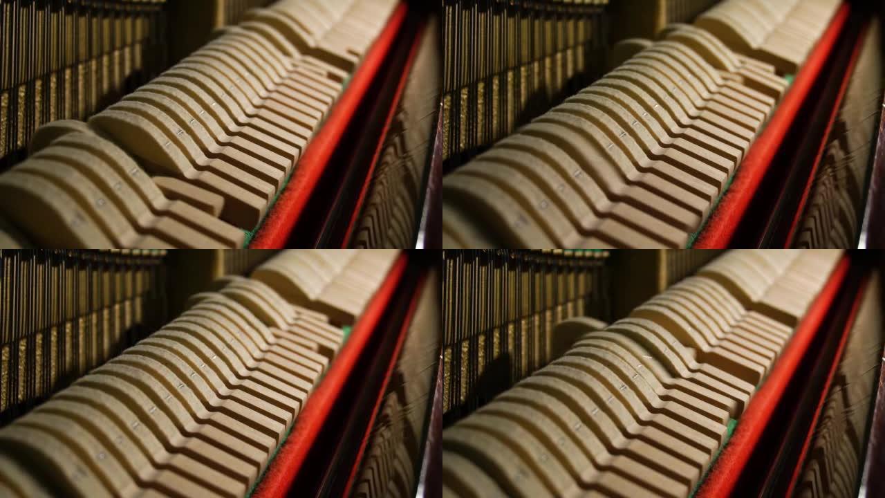 钢琴内部锤子和琴弦的特写视图。fortepiano的许多钢琴锤形成了旋律。
