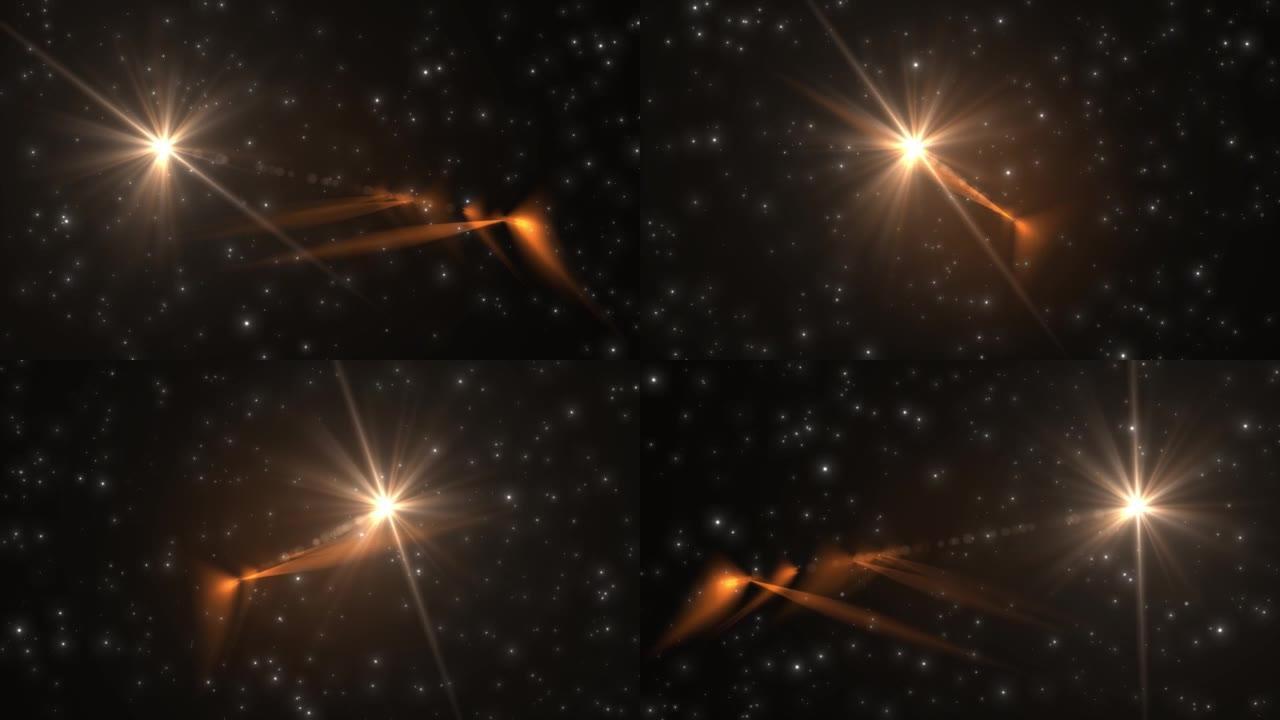 星形光斑旋转，透镜光斑-4k分辨率，光学透镜光斑对黑色背景的影响。逼真的北极光透镜耀斑，变形透镜耀斑