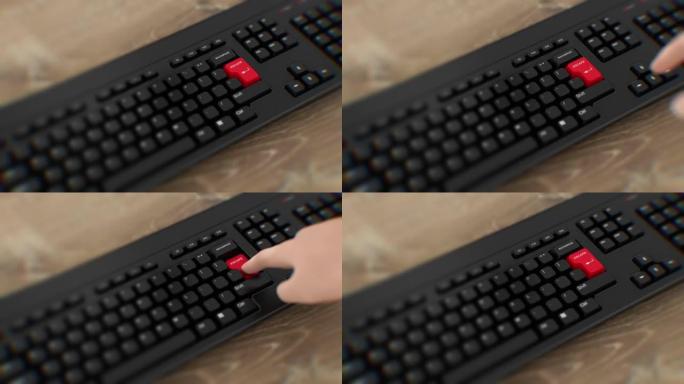 键盘上的红色按钮。手指按下输入。单击转义。逼真的键盘按钮。红色按钮逃脱推动。准备采取行动。办公室键盘