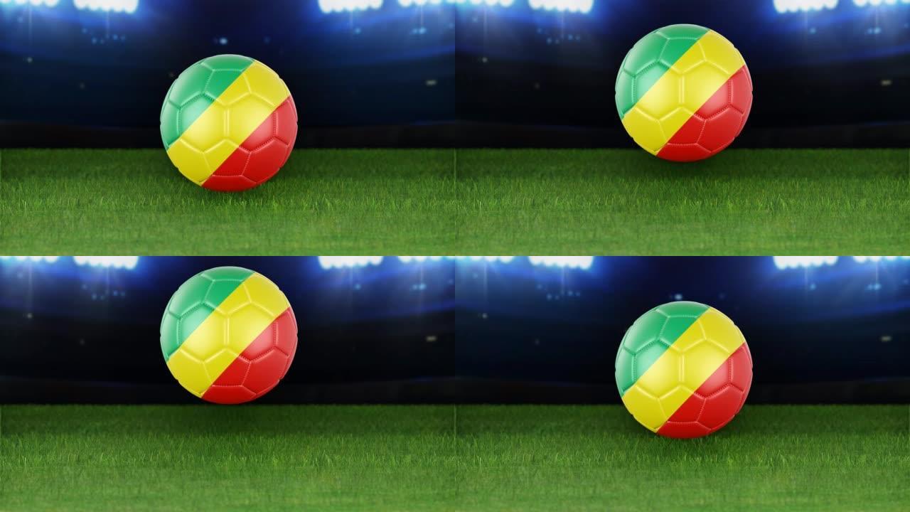 刚果共和国国旗足球，带灯跳入体育场。足球场和球，4k分辨率，循环-股票视频