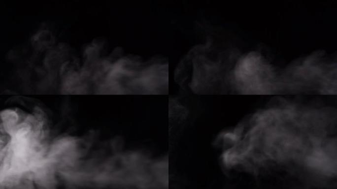 烟雾蒸汽或抽象的白色烟雾。在黑色背景上