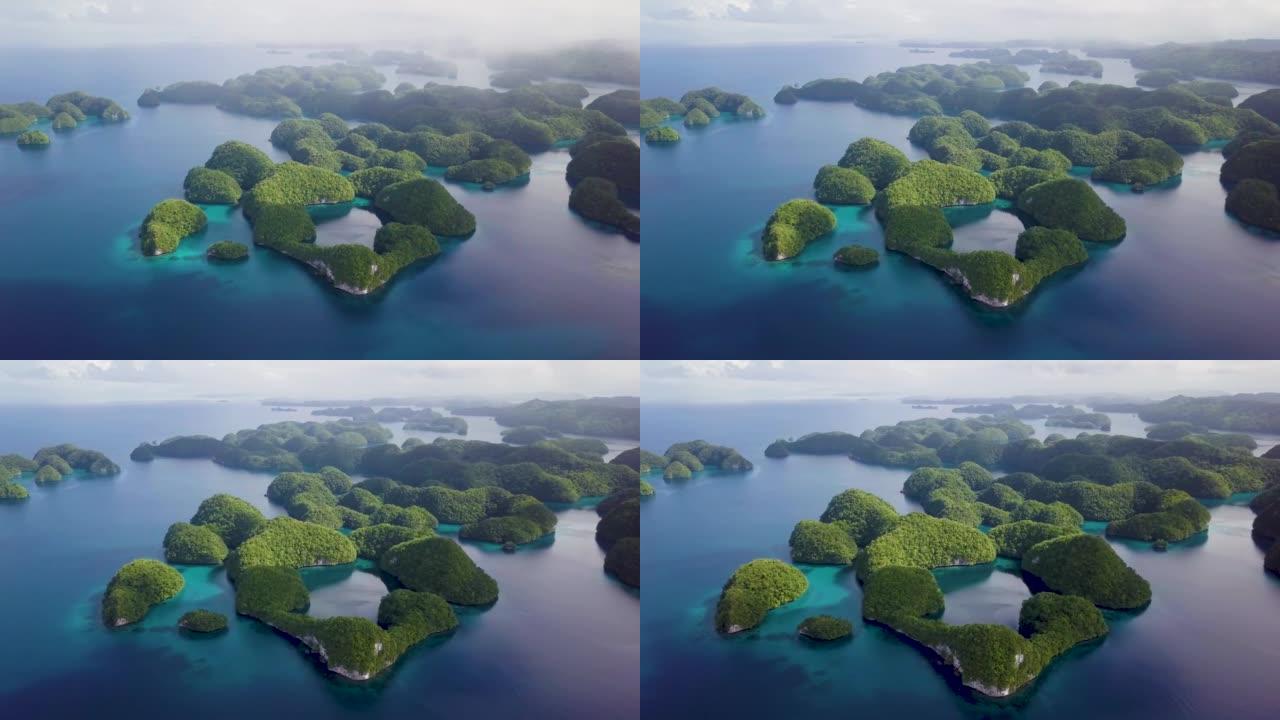 帕劳罗克群岛一个石灰岩岛屿的航拍画面。