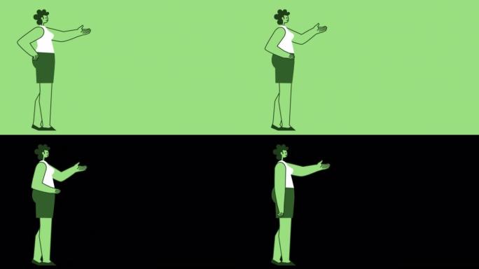 绿色风格的女人扁平人物在紫色背景上讲述和展示。带有Alpha通道的孤立循环动画