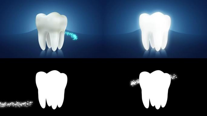 牙齿前后，由蓝色颗粒清洁在肮脏的牙齿周围流动，并使其白色和闪亮，3d动画