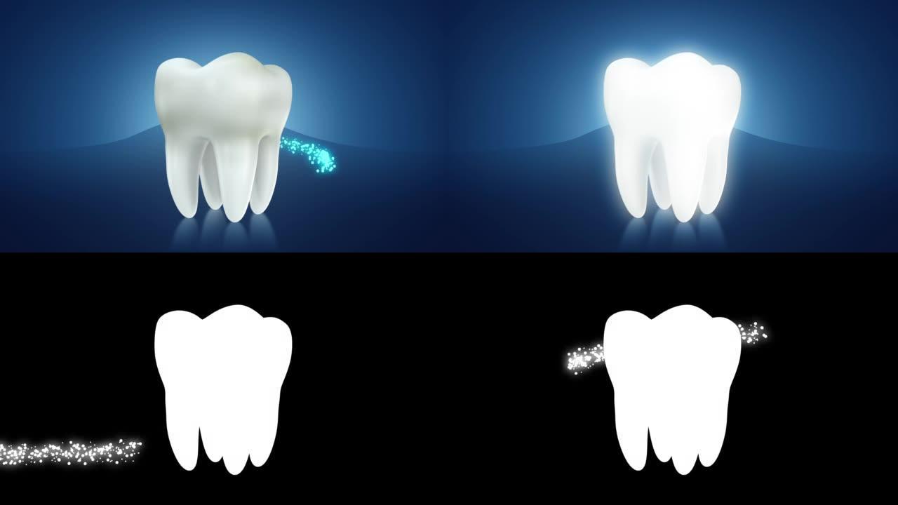 牙齿前后，由蓝色颗粒清洁在肮脏的牙齿周围流动，并使其白色和闪亮，3d动画
