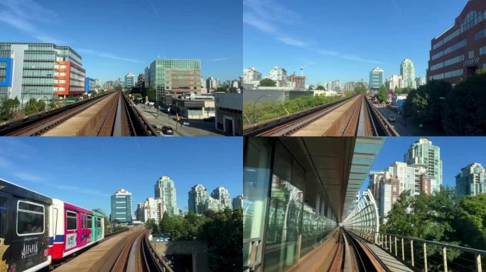 火车正从前窗驶向另一列空中火车。这是加拿大温哥华的无人驾驶地铁，来自萨里双速视频一切都飞快
