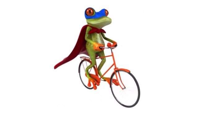 有趣的3D卡通动画青蛙超级英雄与自行车