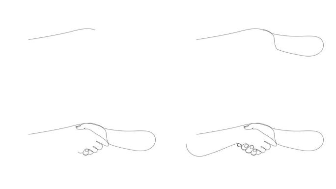 手抖符号的连续单线绘制。握手的自画动画。