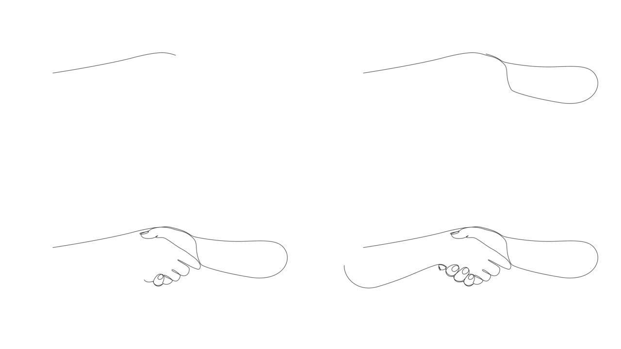 手抖符号的连续单线绘制。握手的自画动画。