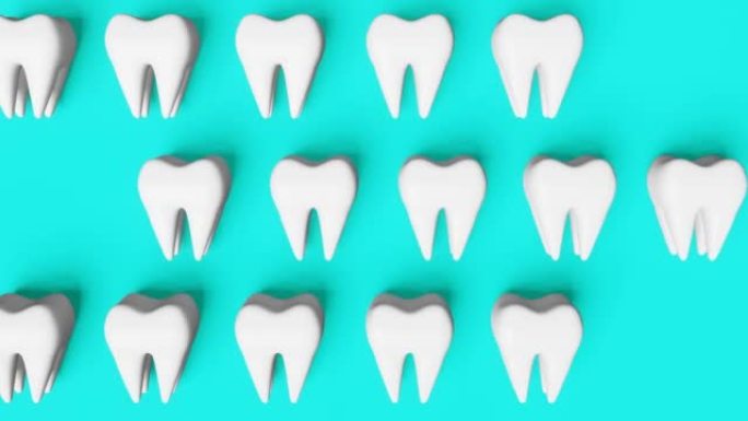 白色健康牙齿运动3D循环无缝动画模式在蓝色背景。全国牙医日数字磨牙解剖模型。智齿拔牙口腔护理恢复。牙