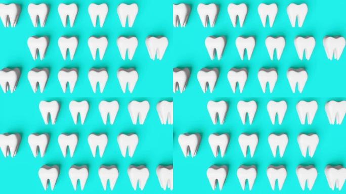 白色健康牙齿运动3D循环无缝动画模式在蓝色背景。全国牙医日数字磨牙解剖模型。智齿拔牙口腔护理恢复。牙