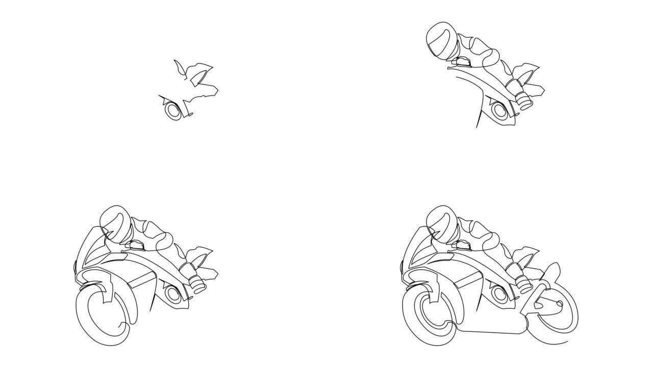 摩托赛车手一张连续线条画的自画动画。动画超级自行车赛车概念。