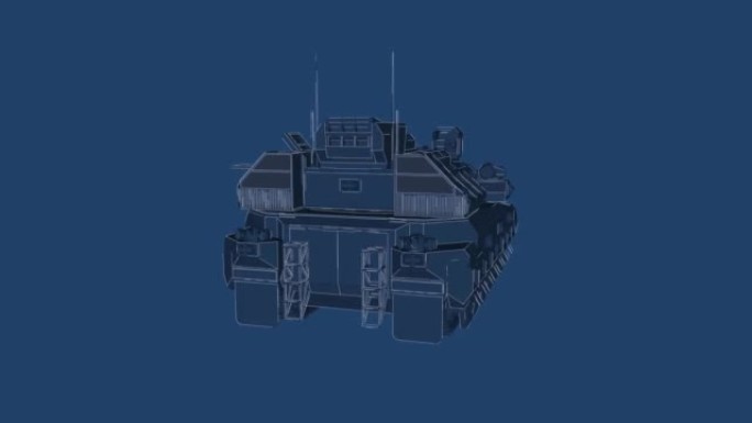 在蓝色背景上旋转的火炮坦克的三个60度视图。计算机化动画。循环，3D渲染。