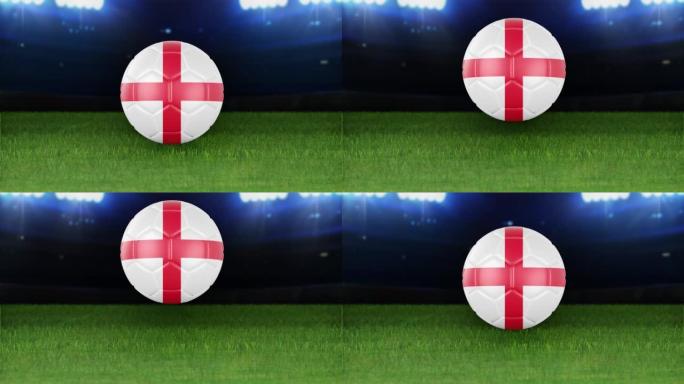 英格兰国旗足球，带灯跳入体育场。足球场和球，4k分辨率，循环-股票视频