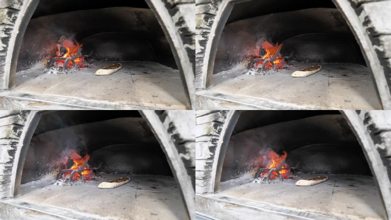 土耳其皮德在木火烤箱中烹饪